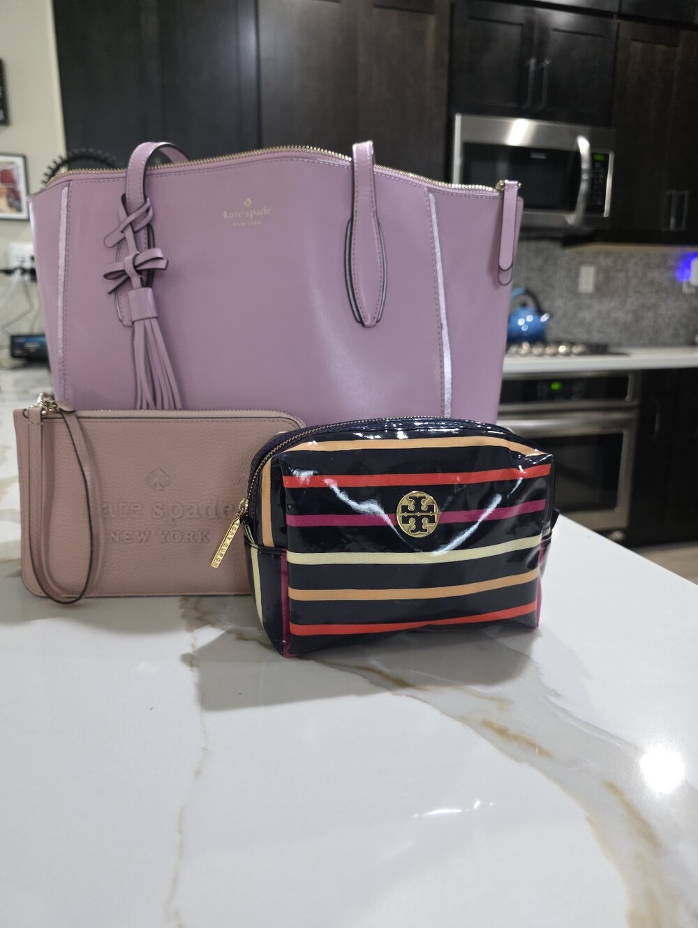 Kate Sade Kali Large Tote, Pink Quartz, Kate Spade Wristlet & Torey Burch Pouch